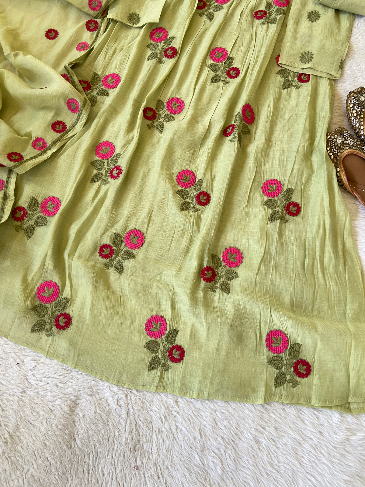 Flower Embroidery Work Coral Silk Aline Kurti With Palazzo And Dupatta. Silk Suit Sets For Women Online India. Shop the Latest Festive Summer Collection at Shivani Designer Kurti.