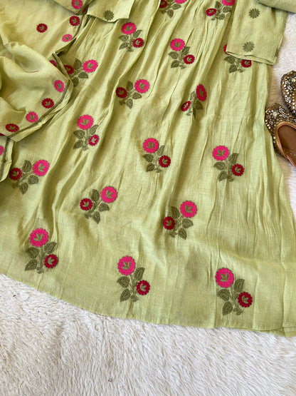 Flower Embroidery Work Coral Silk Aline Kurti With Palazzo And Dupatta. Silk Suit Sets For Women Online India. Shop the Latest Festive Summer Collection at Shivani Designer Kurti.