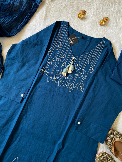 Flower Embroidery Work Cotton Straight Kurti, Pant And Dupatta. Cotton Suit Sets For Women Online India. Shop the Latest Festive Summer Collection at Shivani Designer Kurti.