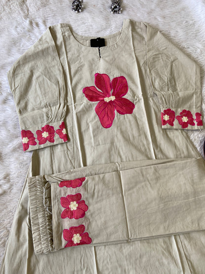 Flower Work In Sleeeve, Palazzo And Neck, Beautiful Aline Kurti With Plain Palazzo. Cotton Aline Kurti Sets For Women