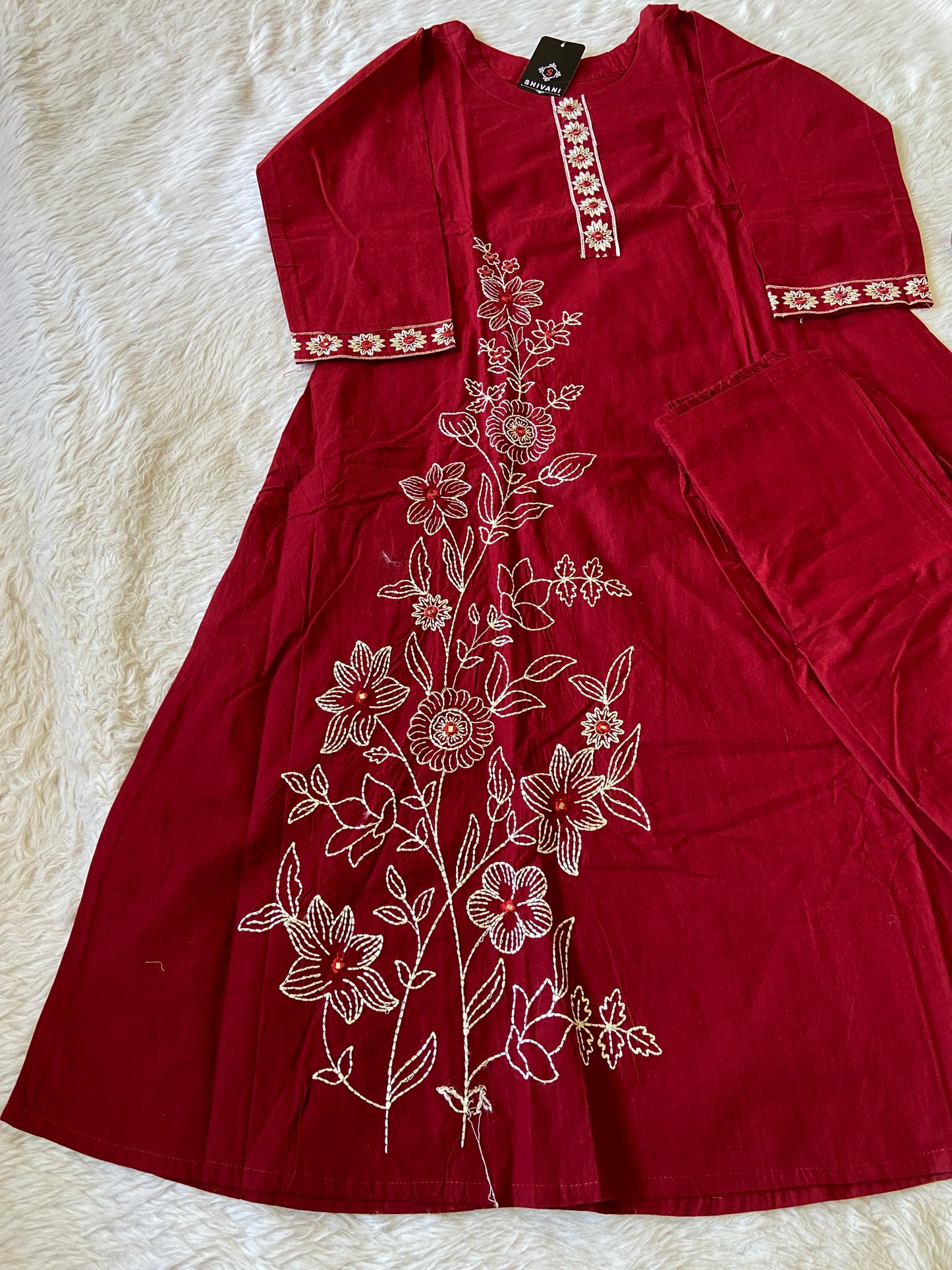 White Embroidery Work In Kurti With Matching Palazzo, Cotton Aline Kurti Sets For Women