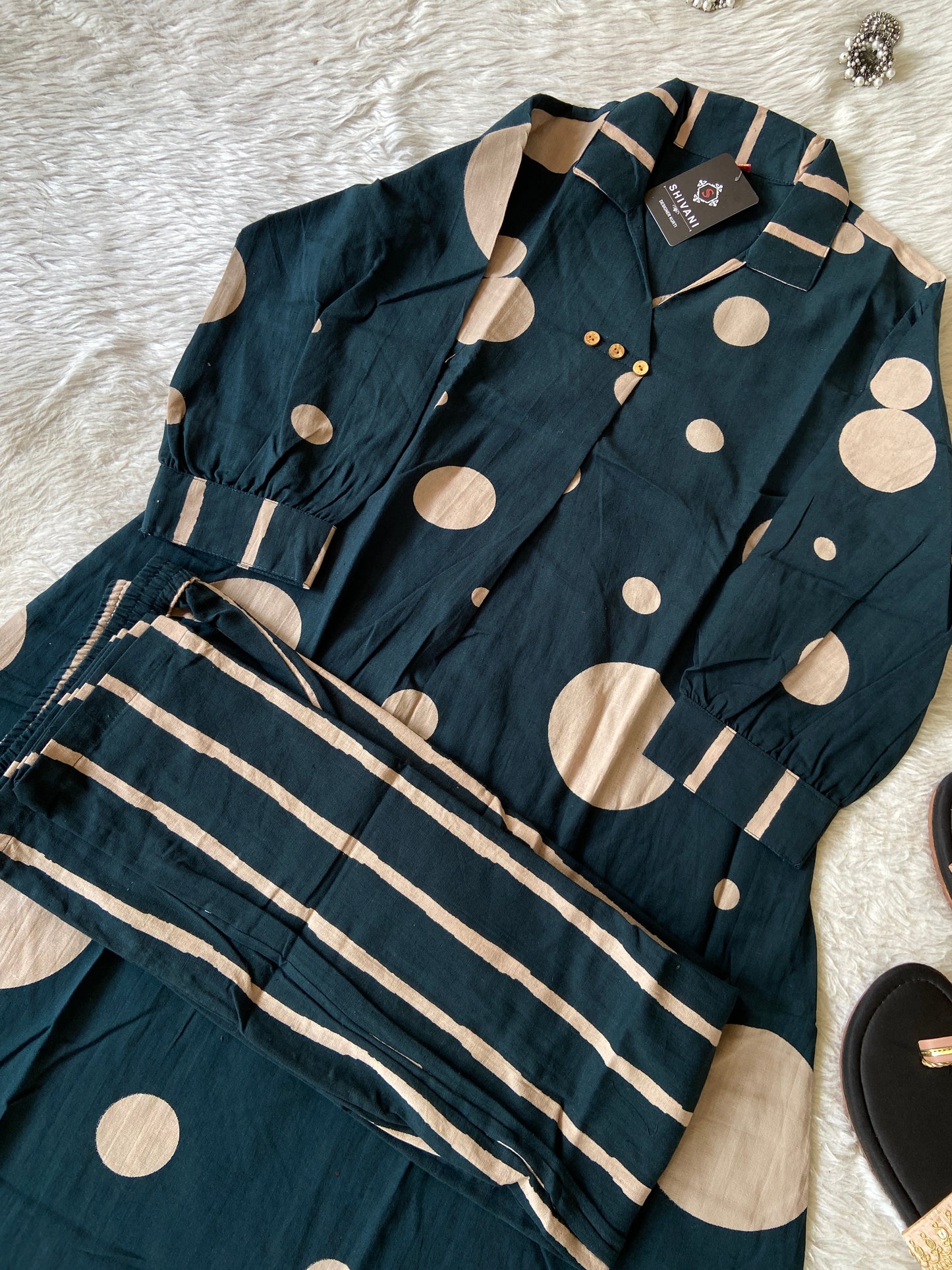 Polka Dots Cotton Aline Kurti With Palazzo. Cotton Kurtis Sets For Women Online India. Shop the Latest Festive Summer Collection at Shivani Designer Kurti.