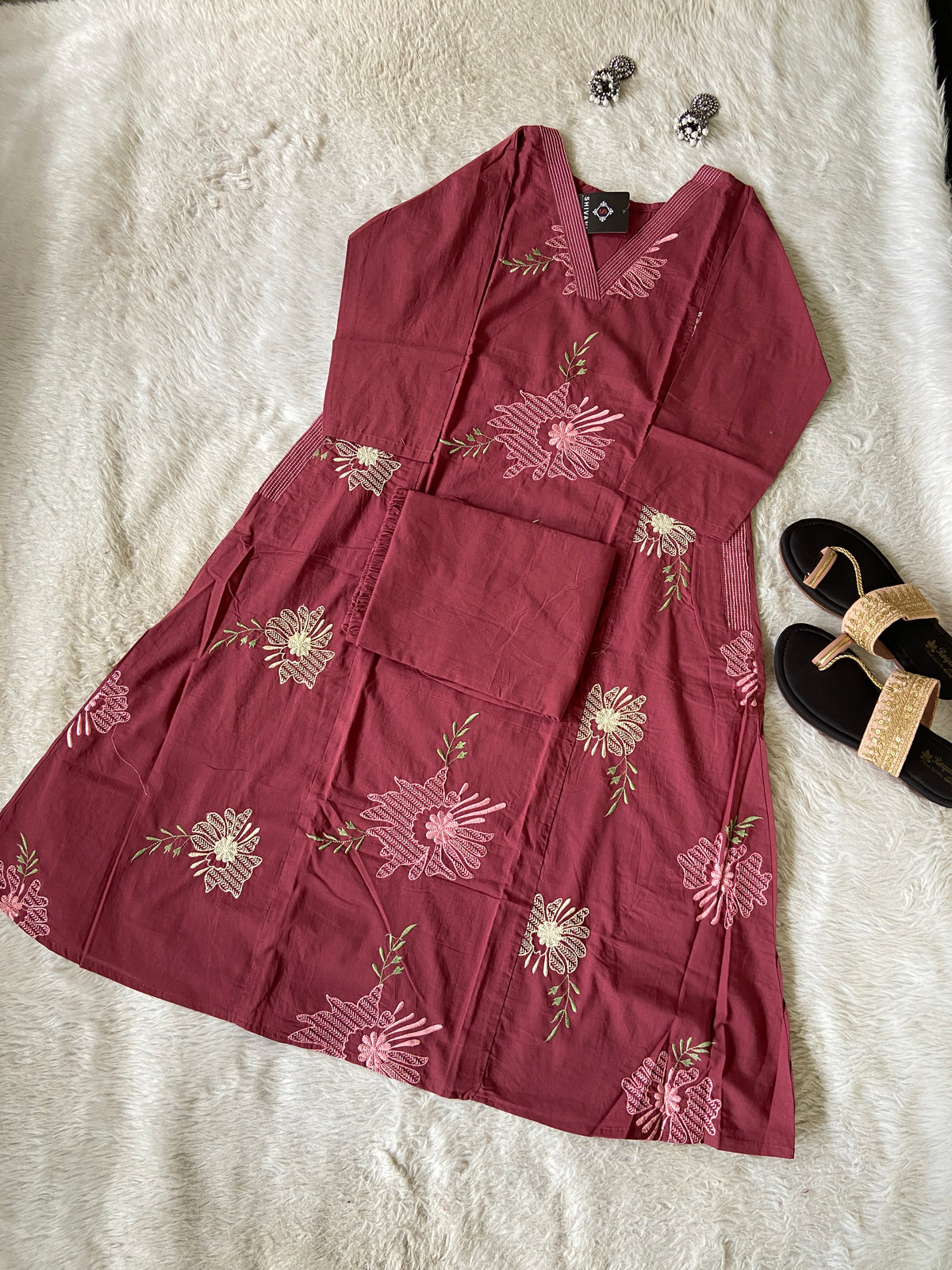 Embroidery Work Cotton Aline Kurti And Palazzo. Cotton Aline Kurti Sets For Women Online India. Shop the Latest Festive Summer Collection at Shivani Designer Kurti.