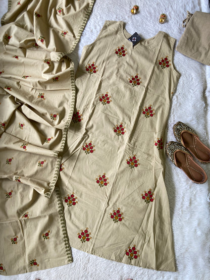 Embroidery Work Cotton Sleeveless (3/4th Attached) Aline Kurti, Palazzo And Dupatta. Cotton Suits Sets For Women Online India. Shop the Latest Festive Summer Collection at Shivani Designer Kurti.