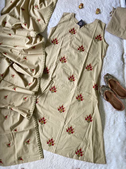Embroidery Work Cotton Sleeveless (3/4th Attached) Aline Kurti, Palazzo And Dupatta. Cotton Suits Sets For Women Online India. Shop the Latest Festive Summer Collection at Shivani Designer Kurti.