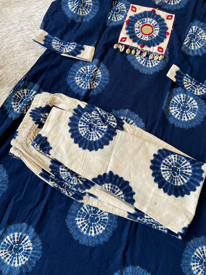Shibori Print Cotton Aline Kurti With Pant. Cotton Kurti Sets For Women Online India. Shop the Latest Festive Summer Collection at Shivani Designer Kurti.