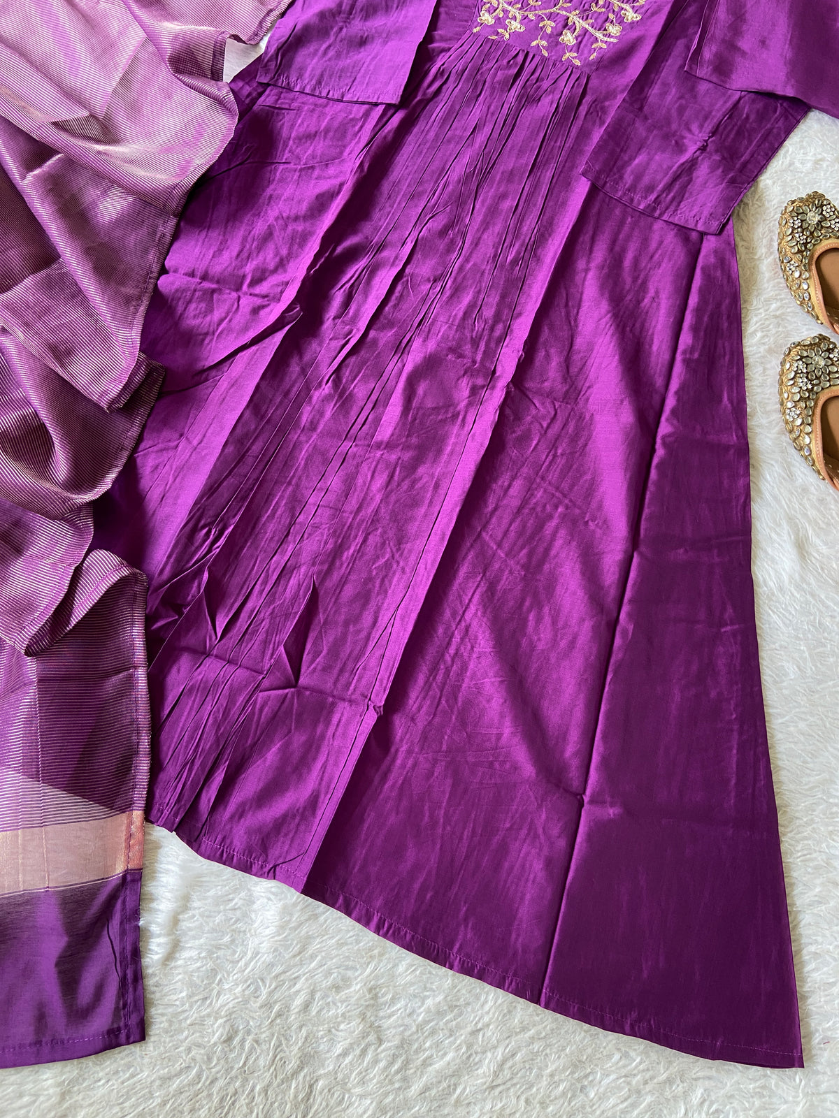 Hand Work Neck, Jamdani Silk Aline Kurti With Palazzo And Dupatta. Silk Suit Sets For Women Online India. Shop the Latest Festive Summer Collection at Shivani Designer Kurti.
