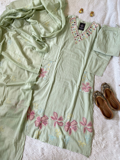 Mirror Work Cotton Straight Cut Kurti With Pant And Dupatta. Cotton Suit Sets For Women Online India. Shop the Latest Festive Summer Collection at Shivani Designer Kurti.