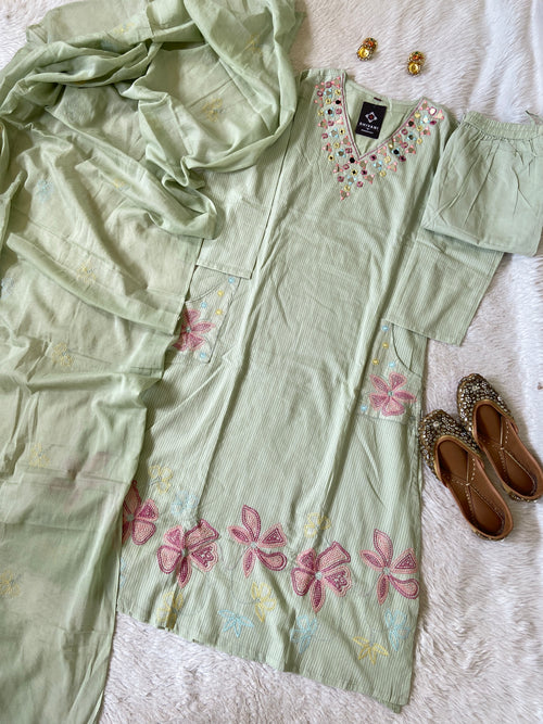 Mirror Work Cotton Straight Cut Kurti With Pant And Dupatta. Cotton Suit Sets For Women Online India. Shop the Latest Festive Summer Collection at Shivani Designer Kurti.