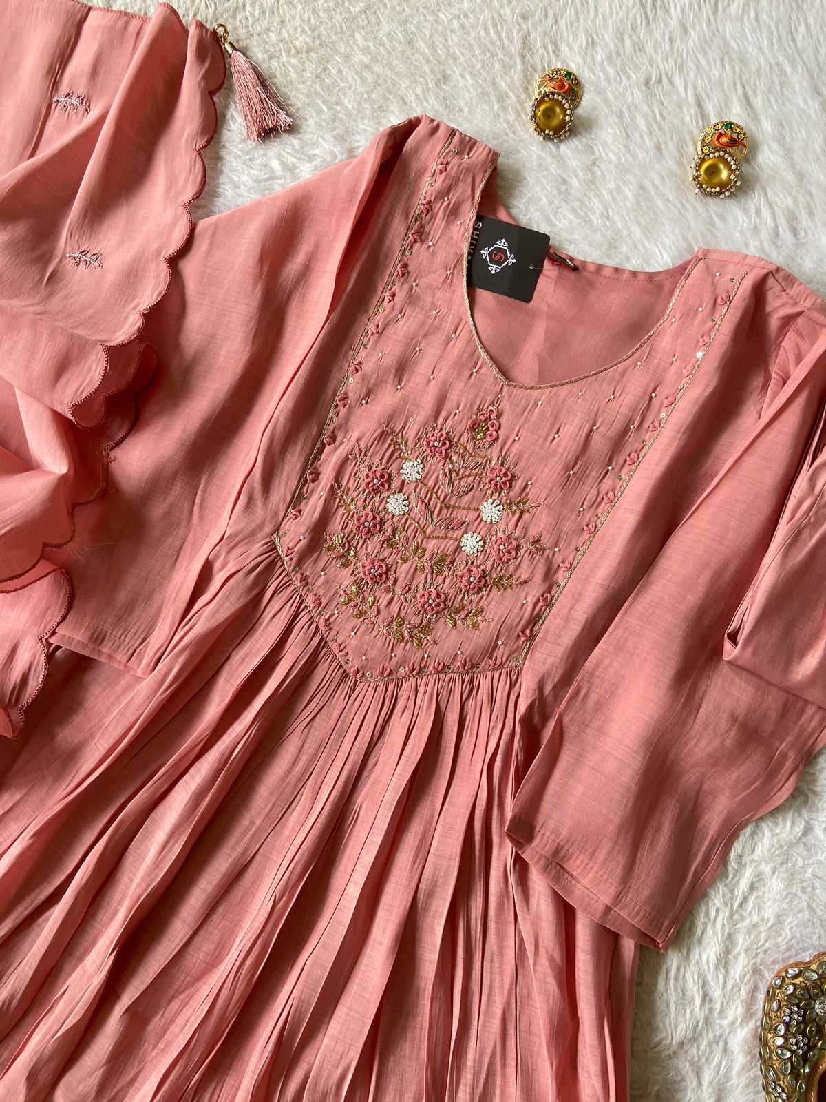 Hand Work Neck, Mul Chanderi Aline Kurti With Palazzo And Dupatta. Silk Suit Sets For Women Online India. Shop the Latest Festive Summer Collection at Shivani Designer Kurti.
