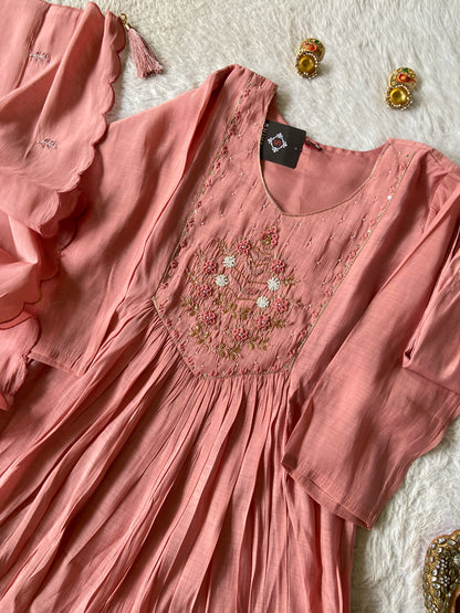 Hand Work Neck, Mul Chanderi Aline Kurti With Palazzo And Dupatta. Silk Suit Sets For Women Online India. Shop the Latest Festive Summer Collection at Shivani Designer Kurti.