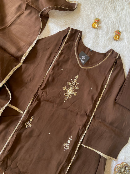 HandWork Work Mul Chanderi ALine Kurti With Semi Palazzo And Dupatta. Silk Suit Sets For Women Online India. Shop the Latest Festive Summer Collection at Shivani Designer Kurti.