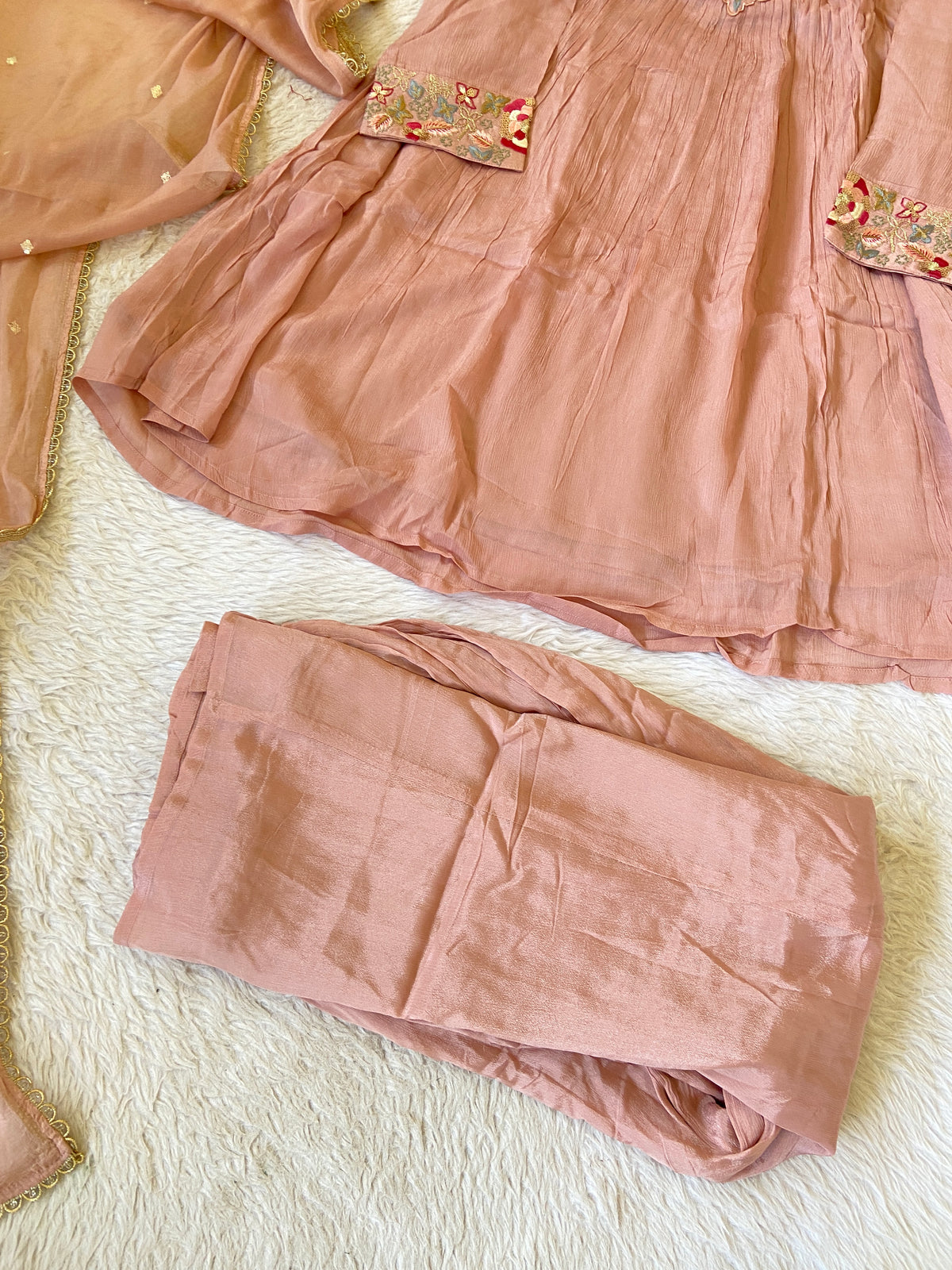 Premium Short Kurti Suit. Full Sleeve Chinnon Short Kurti With Full Flair Palazzo And Dupatta. Silk Suit Sets For Women Online India. Shop the Latest Festive Summer Collection at Shivani Designer Kurti.