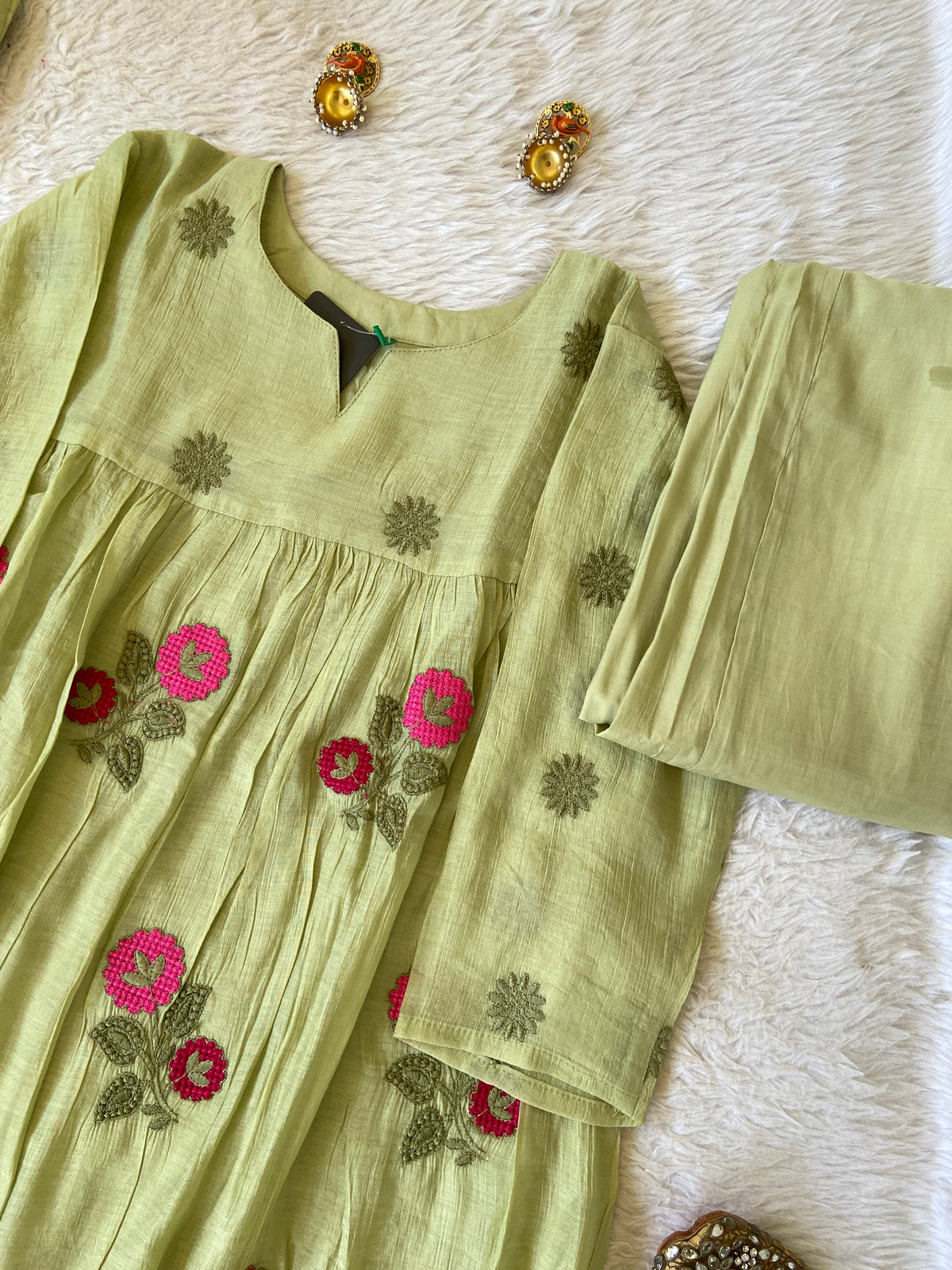 Flower Embroidery Work Coral Silk Aline Kurti With Palazzo And Dupatta. Silk Suit Sets For Women Online India. Shop the Latest Festive Summer Collection at Shivani Designer Kurti.