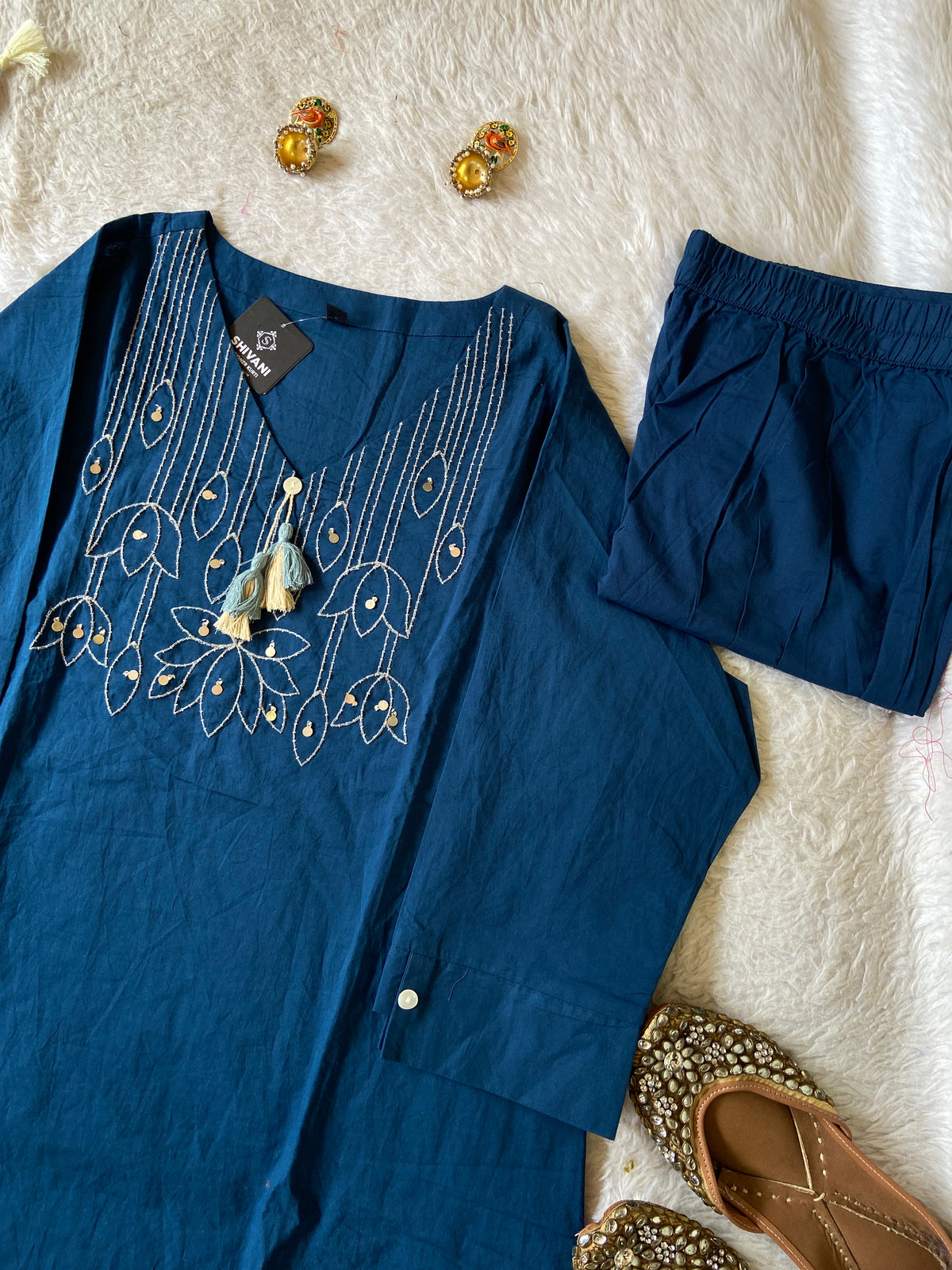 Flower Embroidery Work Cotton Straight Kurti, Pant And Dupatta. Cotton Suit Sets For Women Online India. Shop the Latest Festive Summer Collection at Shivani Designer Kurti.