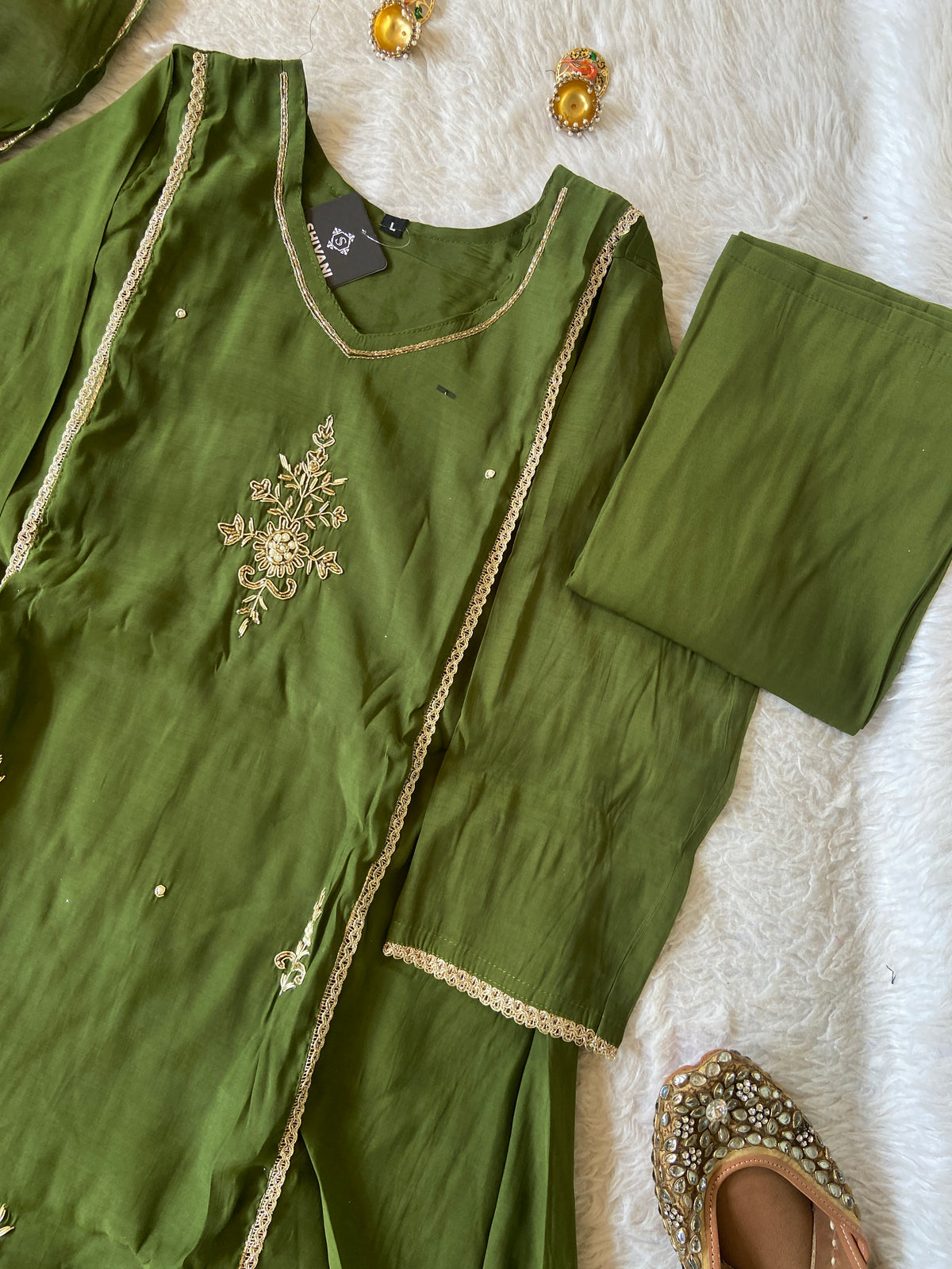 HandWork Work Mul Chanderi ALine Kurti With Semi Palazzo And Dupatta. Silk Suit Sets For Women Online India. Shop the Latest Festive Summer Collection at Shivani Designer Kurti.
