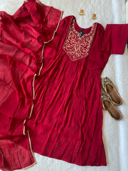 Embroidery Work Mul Chanderi ALine Kurti With Semi Palazzo And Dupatta. Silk Suit Sets For Women Online India. Shop the Latest Festive Summer Collection at Shivani Designer Kurti.