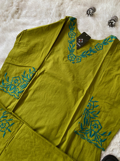 Aline Kurti With Embroidery Neck Work And Palazzo Work. Cotton Aline Kurti Sets For Women