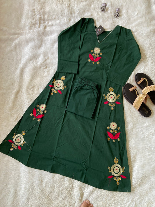 VNeck Aline Kurti With Embroidery Work And With Matching Palazzo. Cotton Aline Kurti Sets For Women