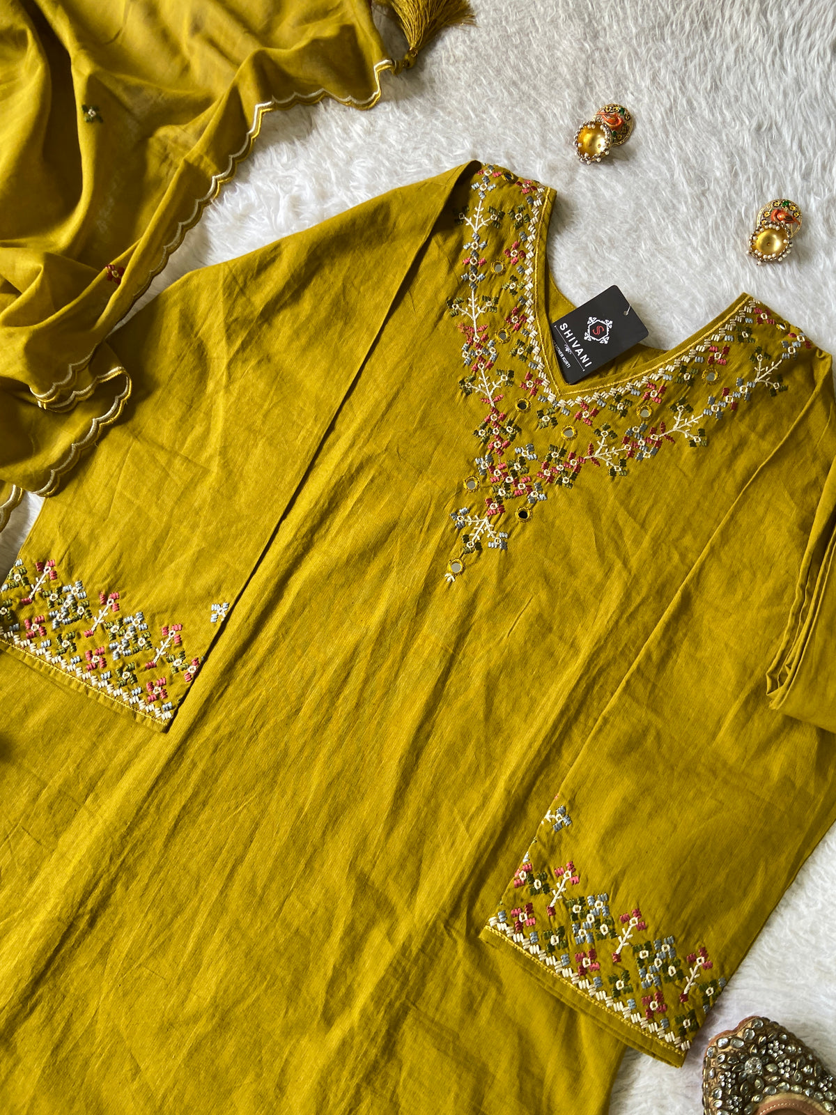 Embroidery Work Cotton Straight Kurti, Pant And Dupatta. Cotton Suits Sets For Women Online India. Shop the Latest Festive Summer Collection at Shivani Designer Kurti.