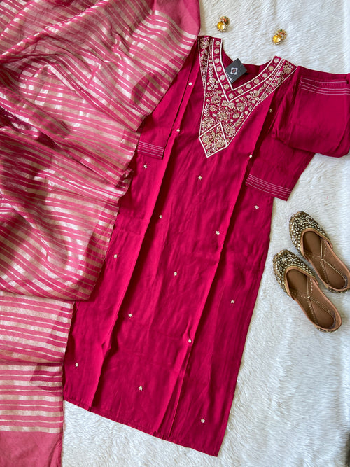 Handwork Straight Silk Kurti With Pant And Dupatta. Silk Suit Sets For Women Online India. Shop the Latest Festive Summer Collection at Shivani Designer Kurti.