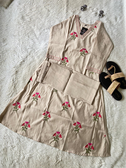 Flower Embroidery Work, V-Neck Style Aline Kurti And Palazzo. Silk Aline Kurti Sets For Women Online India. Shop the Latest Festive Summer Collection at Shivani Designer Kurti.