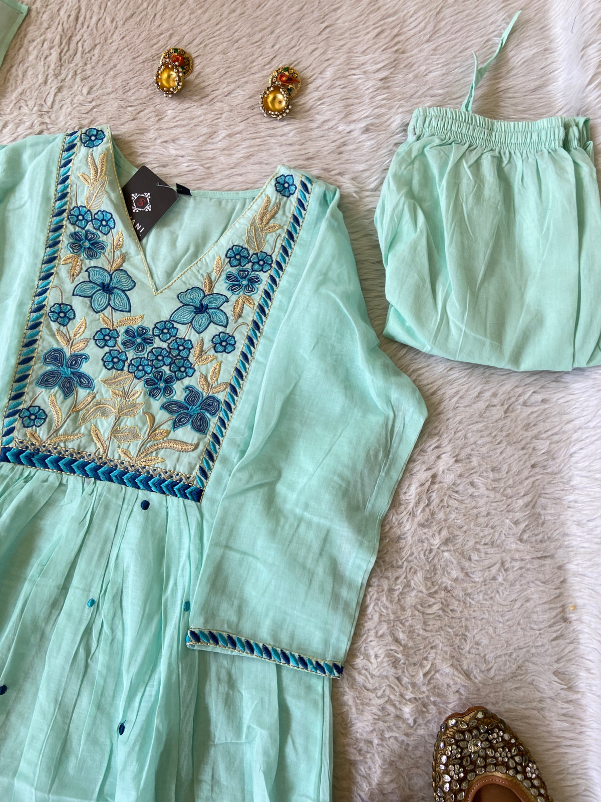 Flower Embroidery Work Cotton Aline Kurti, Pant And Dupatta. Cotton Suit Sets For Women Online India. Shop the Latest Festive Summer Collection at Shivani Designer Kurti.