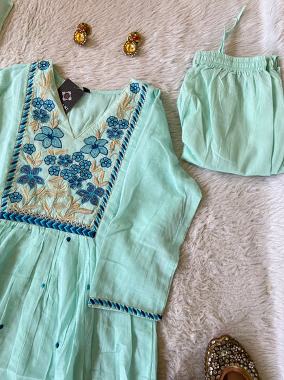 Flower Embroidery Work Cotton Aline Kurti, Pant And Dupatta. Cotton Suit Sets For Women Online India. Shop the Latest Festive Summer Collection at Shivani Designer Kurti.