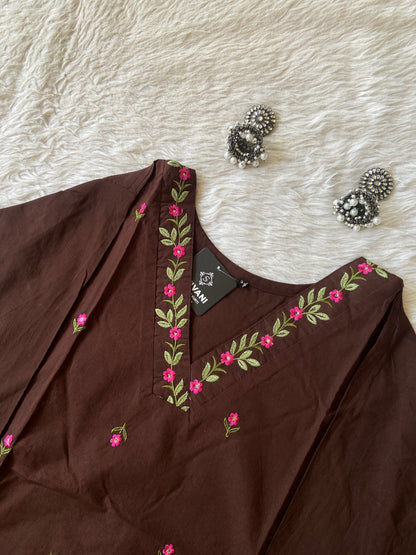 Flower Embroidery Work Cotton Aline Kurti With Palazzo. Cotton Kurti Sets For Women Online India. Shop the Latest Festive Summer Collection at Shivani Designer Kurti.