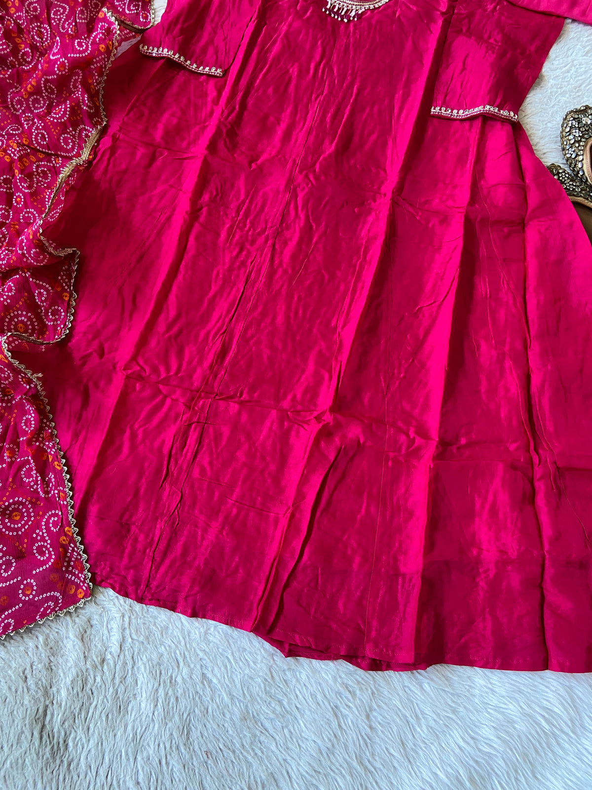 Premium Hand Work Anarkali Kurti With Pant And Bandhani Dupatta. Silk Suit Sets For Women Online India. Shop the Latest Festive Summer Collection at Shivani Designer Kurti.