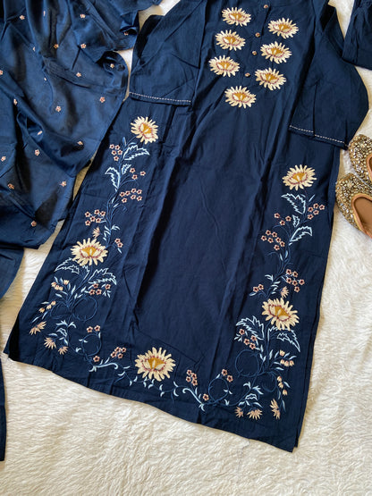 Flower Embroidery Work Cotton Straight Kurti, Pant And Dupatta. Cotton Suit Sets For Women Online India. Shop the Latest Festive Summer Collection at Shivani Designer Kurti.