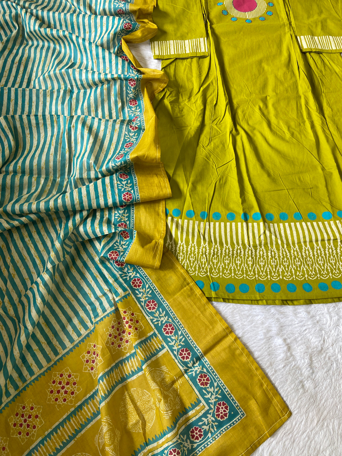 Block Print Cotton Aline Kurti, Palazzo And Printed Dupatta (Gamthi Suit). Cotton Suits Sets For Women Online India. Shop the Latest Festive Summer Collection at Shivani Designer Kurti.