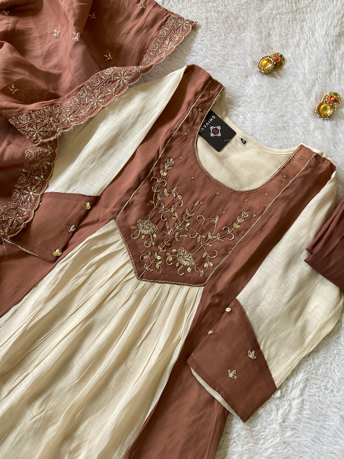 Handwork Aline Kurti With Palazzo And Dupatta. Silk Suit Sets For Women Online India. Shop the Latest Festive Summer Collection at Shivani Designer Kurti.