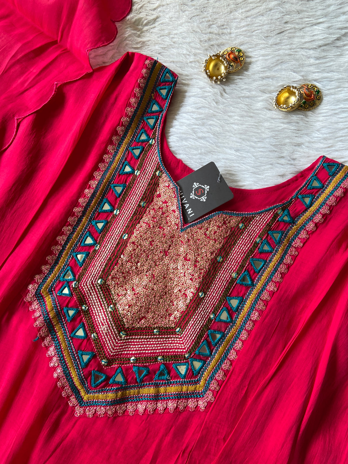 Mirror Work Aline Kurti Palazzo And Dupatta. Silk Suit Sets For Women Online India. Shop the Latest Festive Summer Collection at Shivani Designer Kurti.