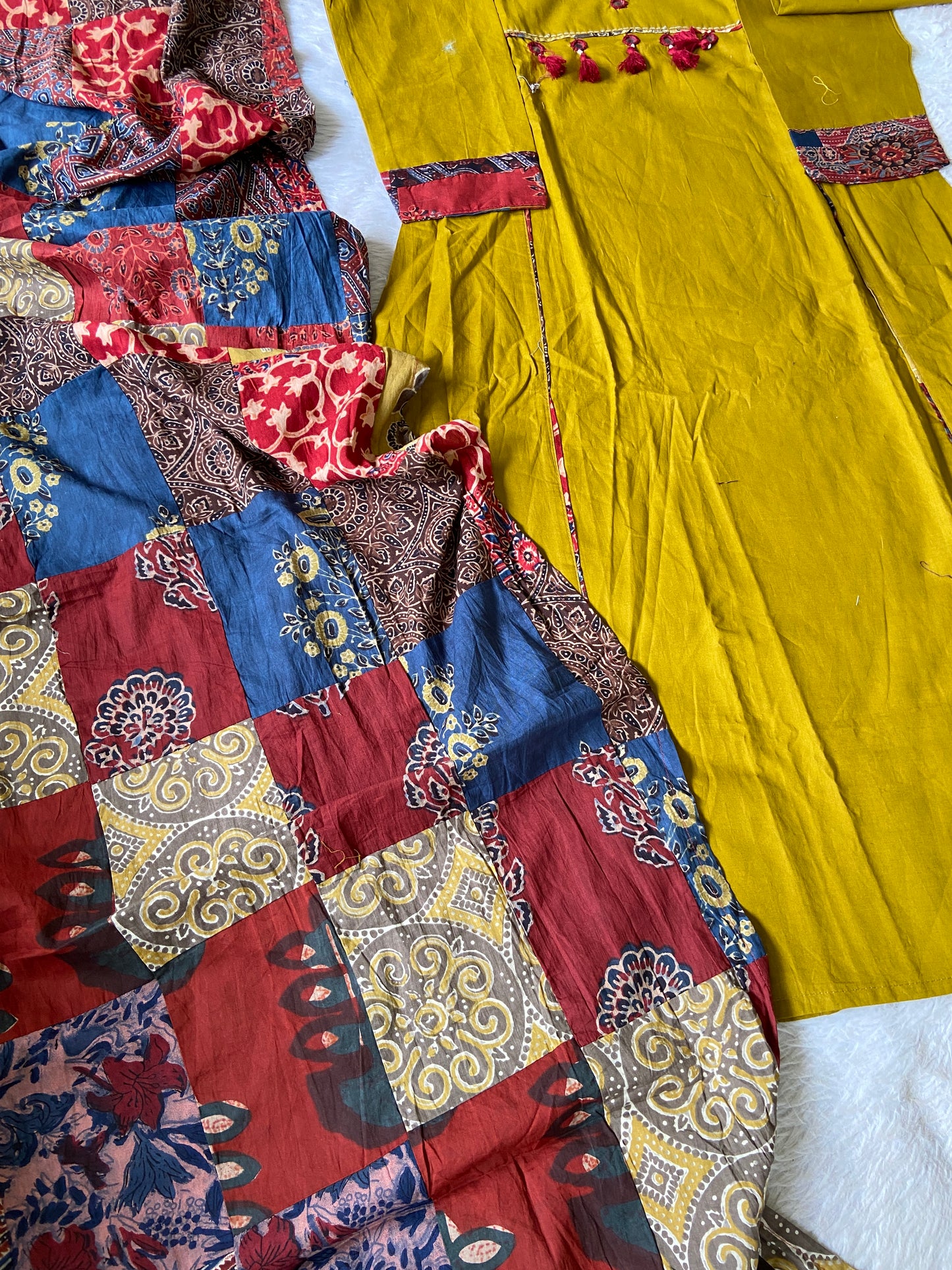 Cotton Hand Work Aline Kurti With Palazzo And Dupatta (Gamthi Pair). Cotton Suit Sets For Women Online India. Shop the Latest Festive Summer Collection at Shivani Designer Kurti.