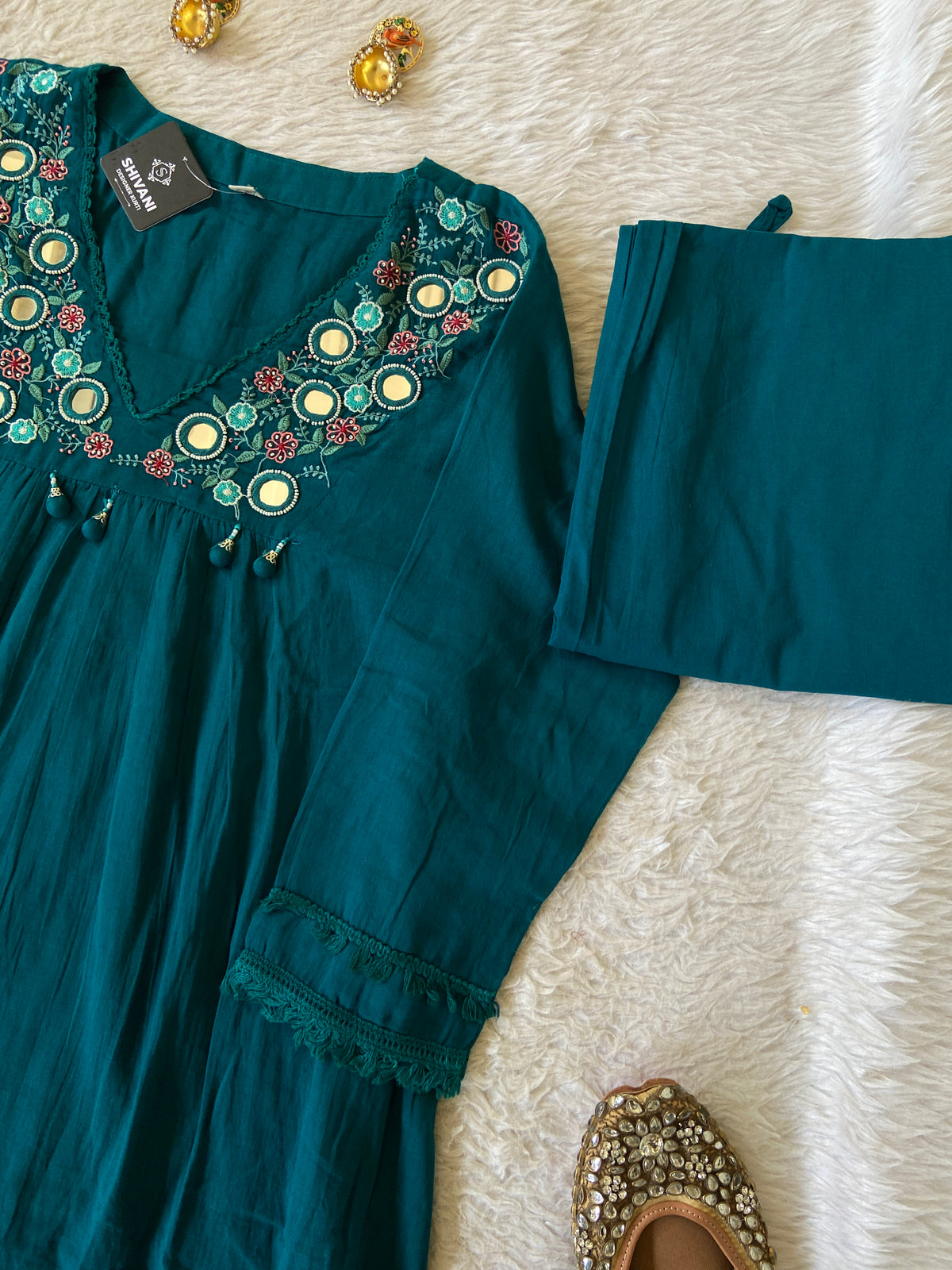 Flower Embroidery Work Cotton Aline Kurti, Pant And Dupatta. Cotton Suit Sets For Women Online India. Shop the Latest Festive Summer Collection at Shivani Designer Kurti.
