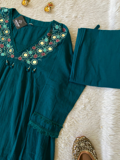 Flower Embroidery Work Cotton Aline Kurti, Pant And Dupatta. Cotton Suit Sets For Women Online India. Shop the Latest Festive Summer Collection at Shivani Designer Kurti.