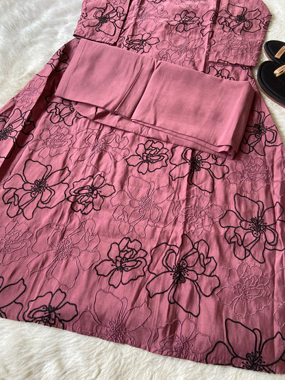 Flower Design Embroidery Work In Aline Kurti With Plain Palazzo, Silk Aline Kurti Sets For Women