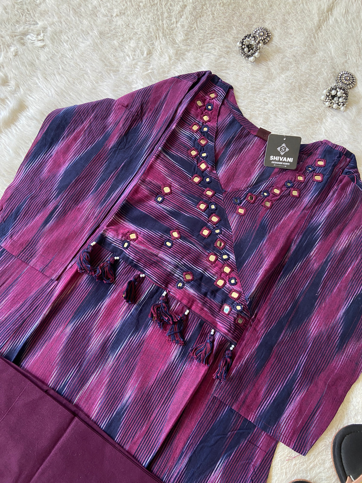 Ikkat Print Cotton Aline Kurti With Palazzo. Cotton Kurti Sets For Women Online India. Shop the Latest Festive Summer Collection at Shivani Designer Kurti.
