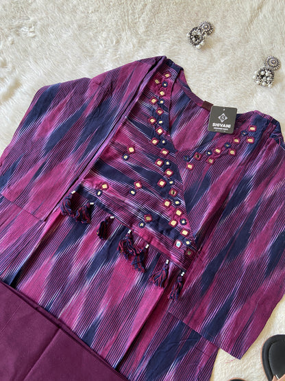 Ikkat Print Cotton Aline Kurti With Palazzo. Cotton Kurti Sets For Women Online India. Shop the Latest Festive Summer Collection at Shivani Designer Kurti.