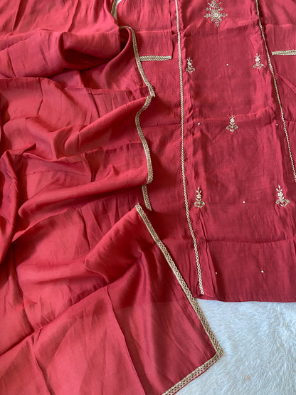 HandWork Work Mul Chanderi ALine Kurti With Semi Palazzo And Dupatta. Silk Suit Sets For Women Online India. Shop the Latest Festive Summer Collection at Shivani Designer Kurti.
