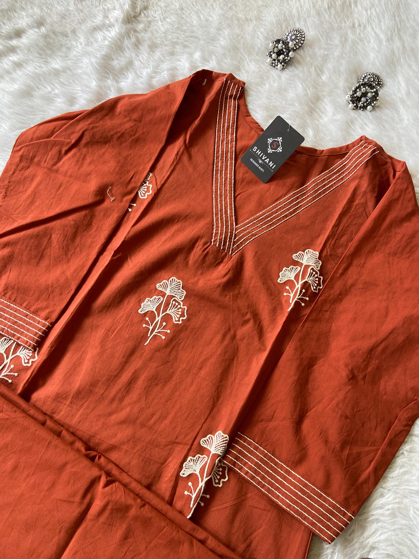 Beautiful Embroidery Work, VNeck Aline Kurti With Palazzo. Cotton Aline Kurti Sets For Women.