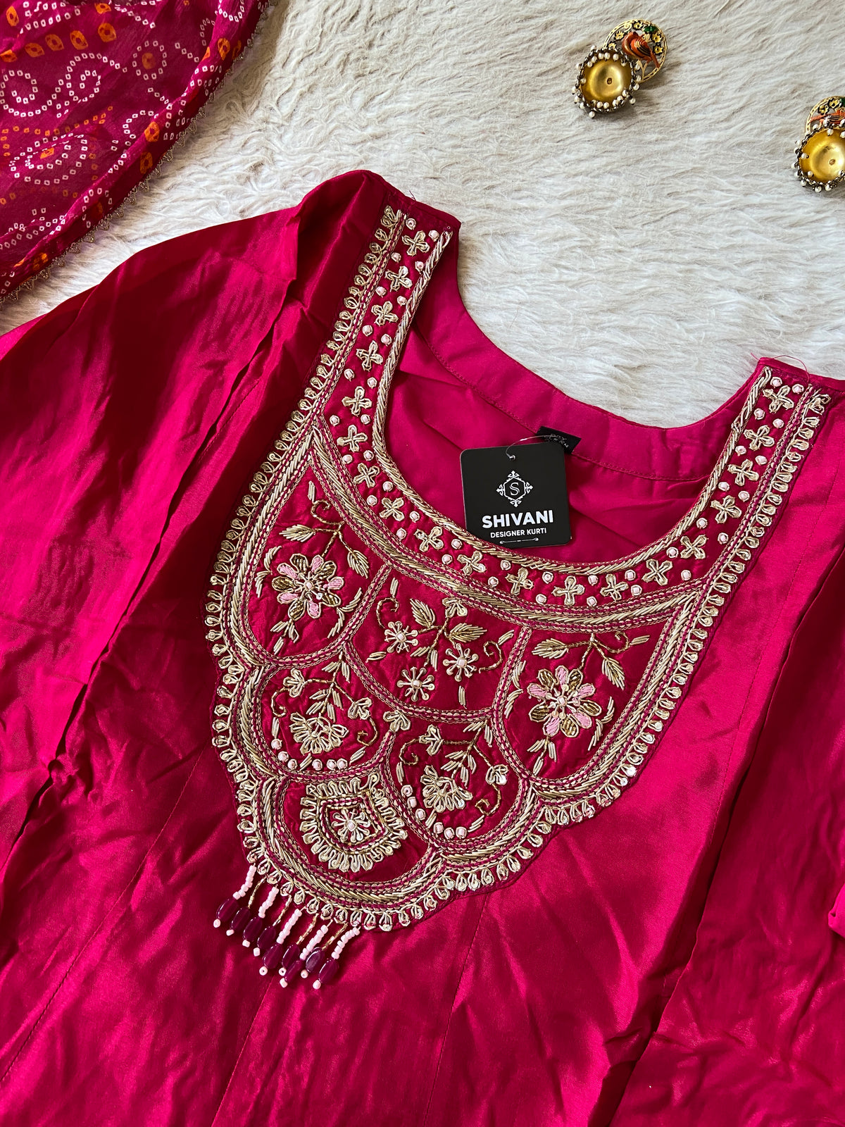 Premium Hand Work Anarkali Kurti With Pant And Bandhani Dupatta. Silk Suit Sets For Women Online India. Shop the Latest Festive Summer Collection at Shivani Designer Kurti.