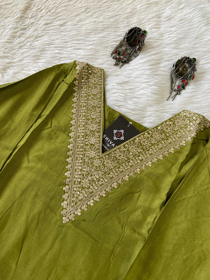 Golden Embroidery Work In VNeck, Silk StraightCut Kurti For Women