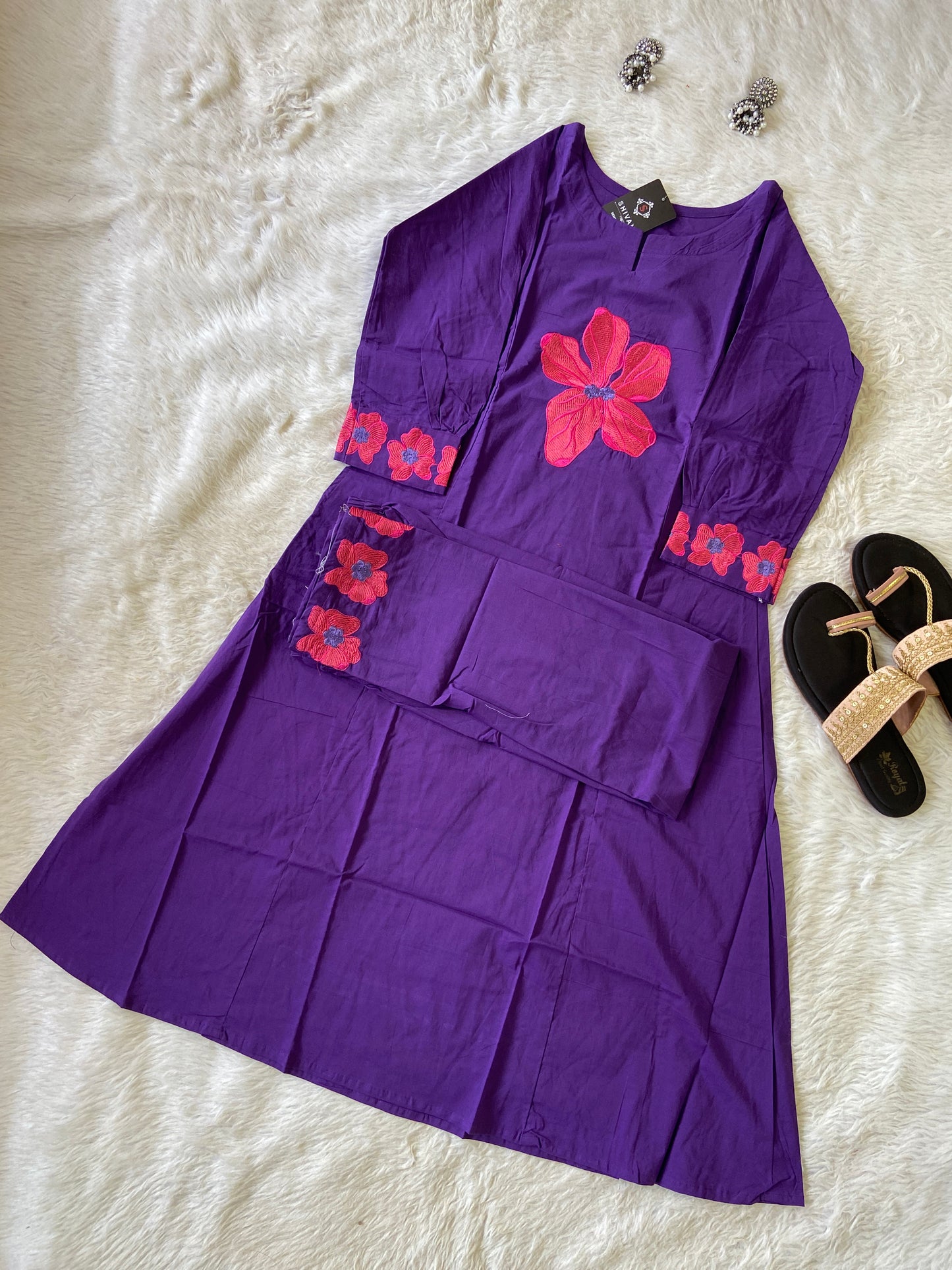 Flower Work In Sleeeve, Palazzo And Neck, Beautiful Aline Kurti With Plain Palazzo. Cotton Aline Kurti Sets For Women