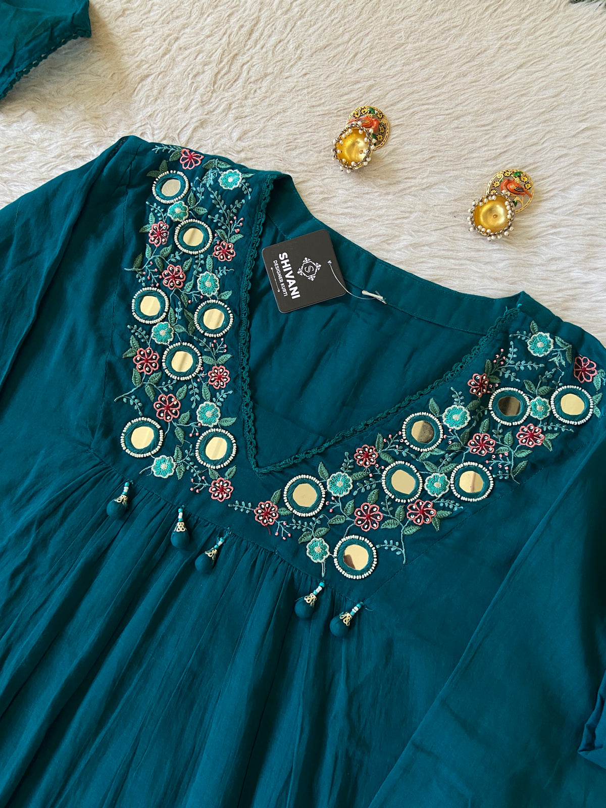 Flower Embroidery Work Cotton Aline Kurti, Pant And Dupatta. Cotton Suit Sets For Women Online India. Shop the Latest Festive Summer Collection at Shivani Designer Kurti.