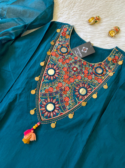 Embroidery Work Cotton Aline Kurti, Pant And Dupatta. Cotton Suit Sets For Women Online India. Shop the Latest Festive Summer Collection at Shivani Designer Kurti.