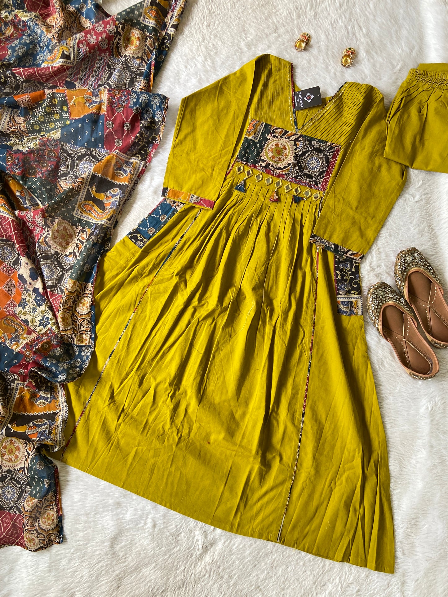 Cotton PatchWork Aline Kurti With Palazzo And Dupatta (Gamthi Pair). Cotton Suit Sets For Women Online India. Shop the Latest Festive Summer Collection at Shivani Designer Kurti.