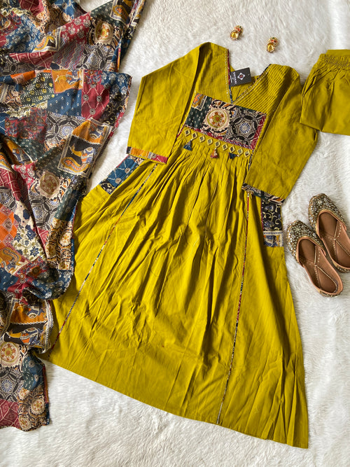 Cotton PatchWork Aline Kurti With Palazzo And Dupatta (Gamthi Pair). Cotton Suit Sets For Women Online India. Shop the Latest Festive Summer Collection at Shivani Designer Kurti.