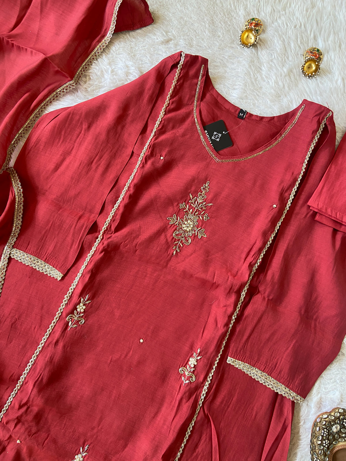 HandWork Work Mul Chanderi ALine Kurti With Semi Palazzo And Dupatta. Silk Suit Sets For Women Online India. Shop the Latest Festive Summer Collection at Shivani Designer Kurti.